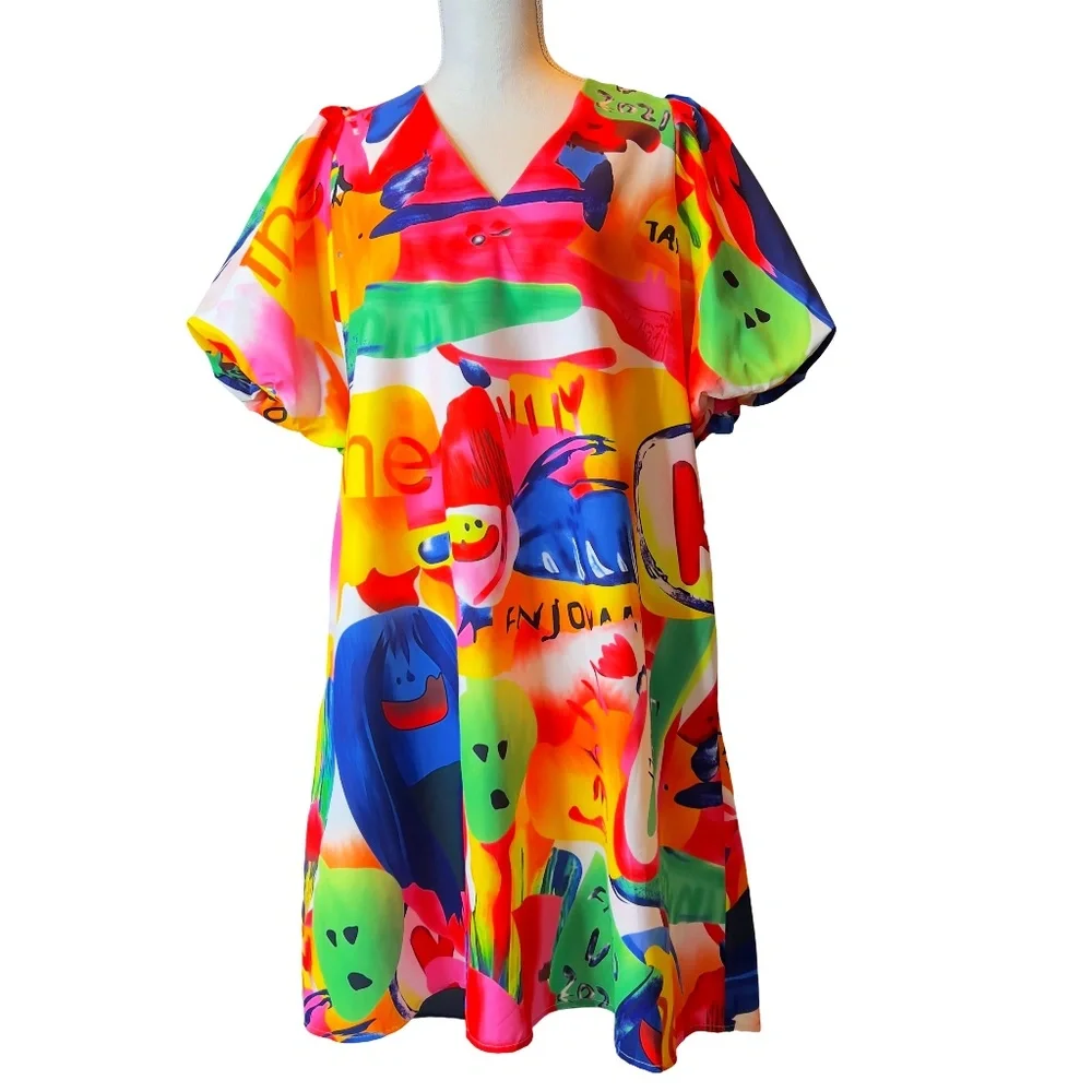 # A288  Nancy Dopamine Dressing   Colorful  Puff Sleeve  Mini Dress NWT  S